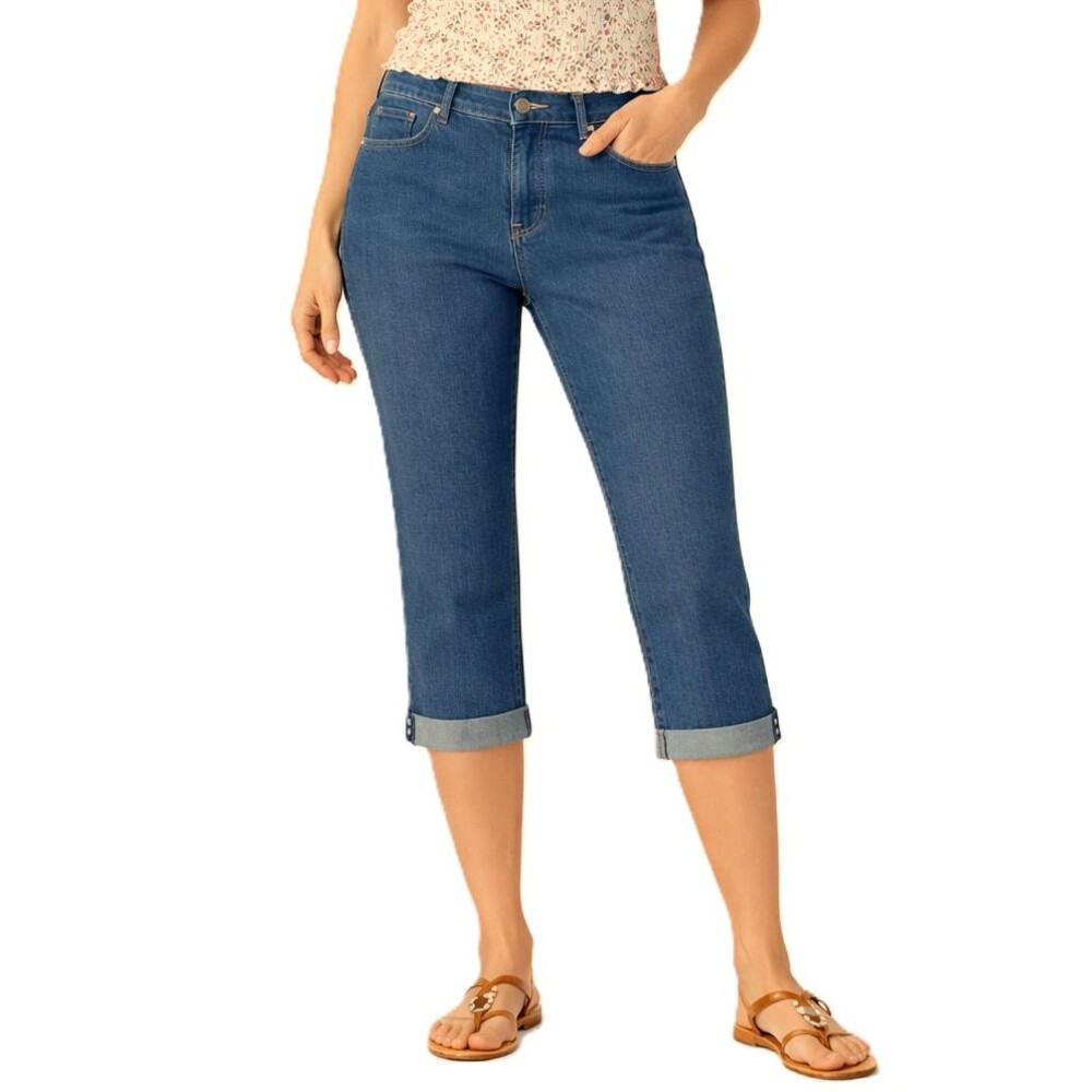 NYDJ Straight Jean Capri Womens 8 Rhinestone Fixed Cuff Mid Rise Medium Blue
